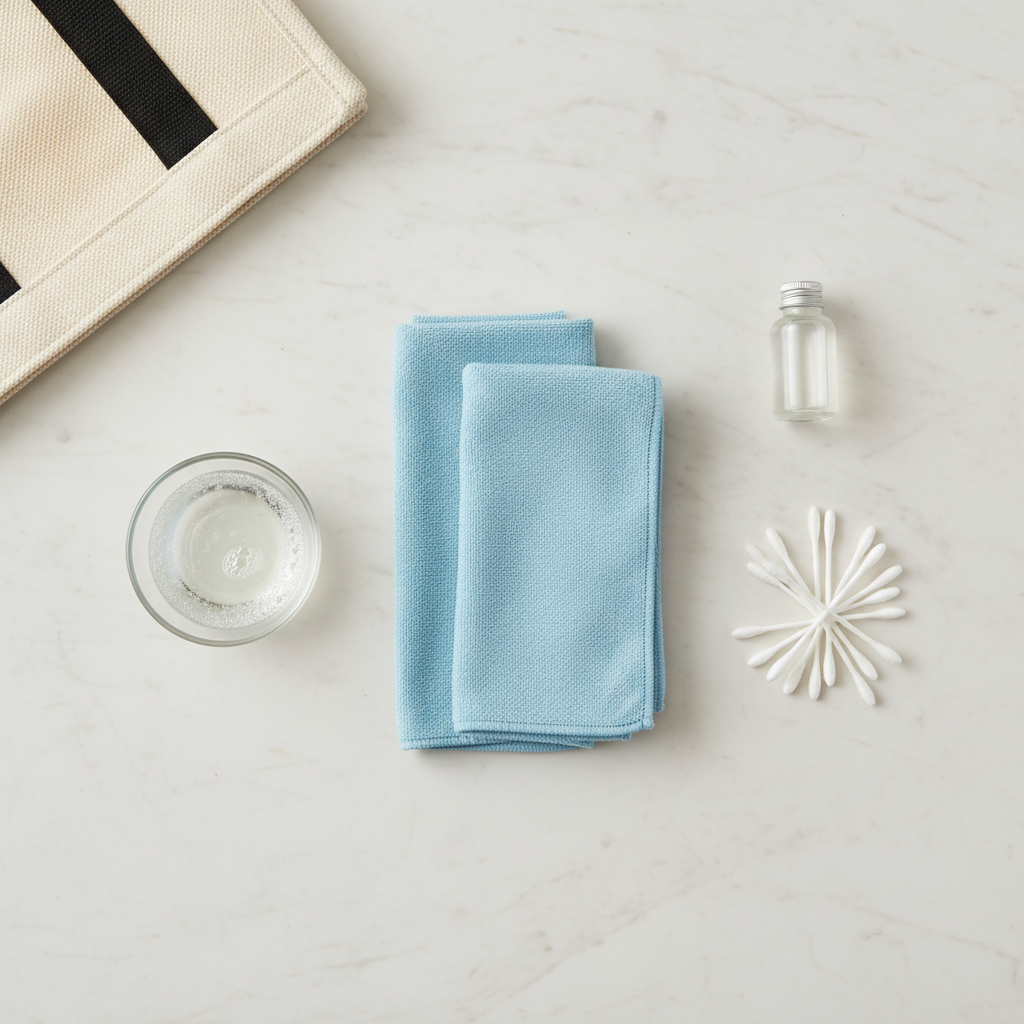 An overhead flat lay photo showcasing essential cleaning preparation for stain removal. Neatly arranged on a pristine, light-colored surface are various items: two soft, folded microfiber cloths, a small glass bowl containing clear liquid (representing soap solution), several cotton swabs, and a small, unlabeled bottle suggesting a specialized cleaner or distilled water. A corner of a stylish, unstained bag (either fabric or synthetic) is subtly visible in the top corner, providing context. The overall aesthetic is clean, organized, and ready for action, suggesting meticulous preparation.