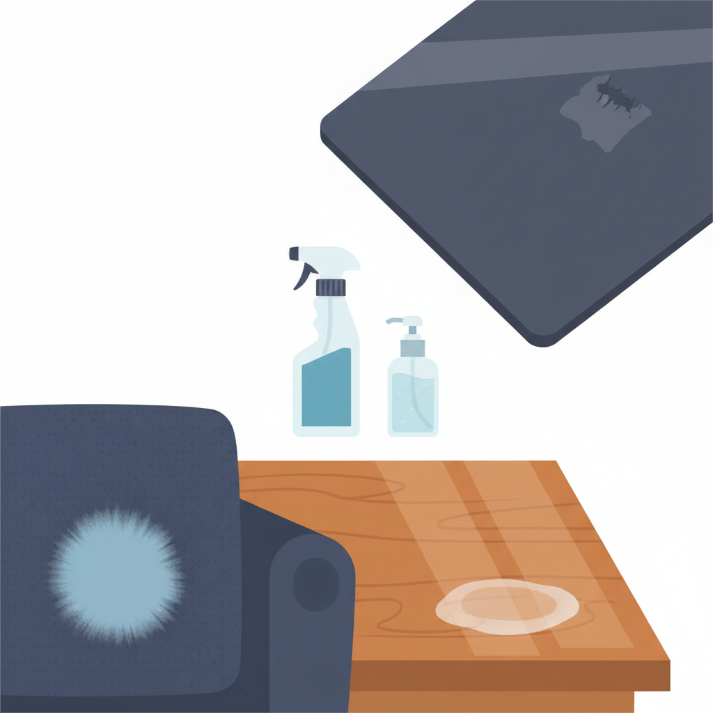 A clean, modern flat illustration depicting various disinfectant stains on different household surfaces. In the foreground, a dark blue fabric (like a couch cushion or shirt) shows a distinct, lighter, bleached-out circular spot. Next to it, a polished wooden table surface exhibits a dull, milky-white ring or smudge. In the background, a glossy, dark plastic surface (e.g., a laptop lid or countertop) has a slightly dulled, etched area. A generic, minimalist spray bottle and a small bottle of hand sanitizer are subtly placed nearby, hinting at the source without being the focus. The overall image should convey the common issues discussed in the article.