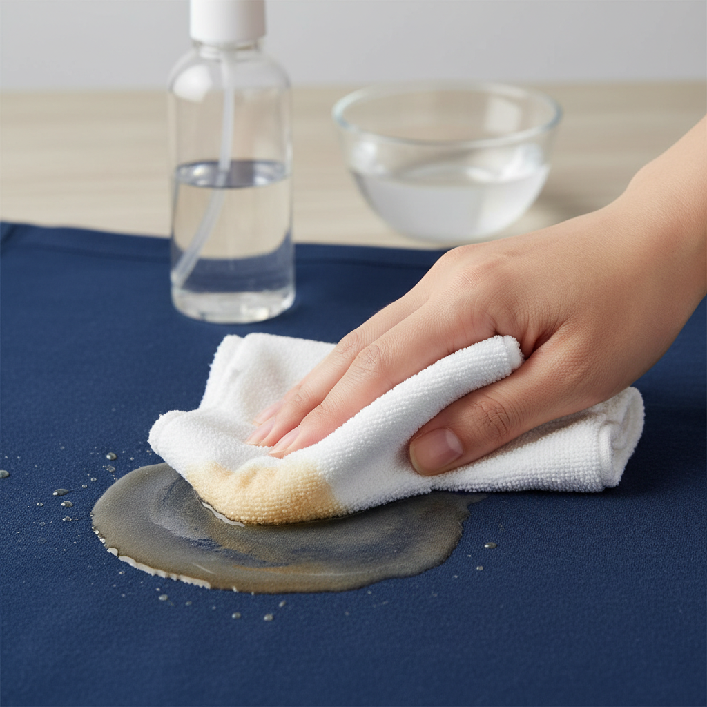 A high-quality, close-up professional photo or realistic digital illustration showing the immediate action of stain removal on fabric. A hand, gently holding a clean white microfiber cloth, is dabbing a fresh, slightly damp, circular stain on a vibrant, dark-colored textile surface (e.g., a t-shirt or upholstery). The liquid stain appears to be absorbing into the cloth. In the soft-focus background, a generic, minimalist spray bottle, the likely source of the stain, is visible, along with perhaps a small clear bowl of water, indicating the cleaning process. The focus is on the careful and quick intervention.