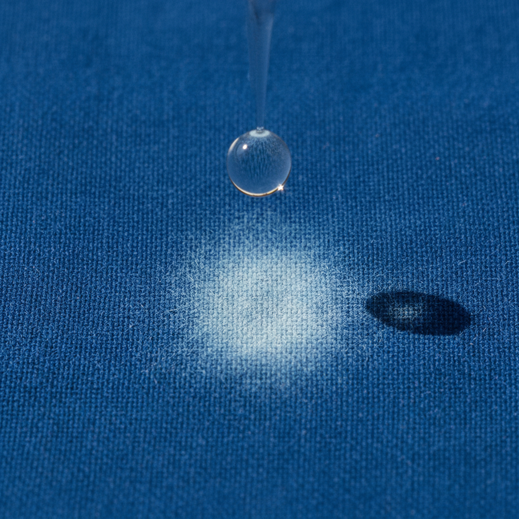 A high-definition, professional photo capturing a close-up of a vibrant blue cotton fabric. A translucent drop of disinfectant liquid is in mid-air, just about to make contact with the fabric. Below it, a subtle, slightly lighter circular patch is already visible, indicating a previous spill that has caused a bleach-like discoloration. The image focuses on the texture of the fabric and the chemical reaction beginning to take hold, highlighting the immediate visual effect of disinfectant on colored textiles. Bright, natural lighting.
