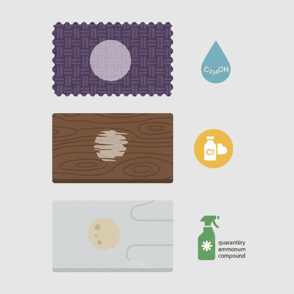 A clean, modern flat illustration depicting a comparison of how different disinfectants affect materials. The illustration is divided into three distinct panels. The first panel shows a purple fabric swatch with a faded, lightened circle on it, next to a subtle visual icon representing alcohol-based disinfectant. The second panel shows a dark wooden surface with a dull, bleached patch, adjacent to an icon representing a chlorine-based cleaner. The third panel features a smooth plastic surface with a subtle discoloration or matte spot. The overall style is infographic-like, using simple shapes and clear visual communication, focusing on the visual damage caused by various chemical agents.