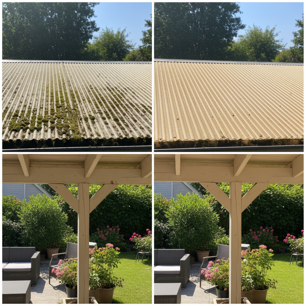 A split-screen professional photograph showcasing the dramatic transformation of a patio roof. On the left side, the roof section is visibly dull and stained with green algae, dark moss, and environmental dirt, appearing neglected. On the right side, the identical section of the patio roof is impeccably clean, sparkling in sunlight, revealing its original pristine material. The image should clearly convey a 'before and after' effect, highlighting the effectiveness of cleaning. The setting is bright and inviting, emphasizing the aesthetic improvement and inviting atmosphere of a well-maintained outdoor space.