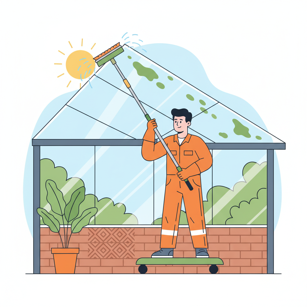 A vibrant, flat illustration depicting a person efficiently and safely cleaning a modern patio roof. The person is positioned on the ground or a low, stable platform, using a specialized cleaning device such as a long-reach telescopic pole with an integrated brush head or a lightweight high-pressure cleaner. The roof surface shows a mix of clean areas and areas with visible dirt like green algae or dark spots, suggesting the cleaning process in action. The overall composition should be clear and encouraging, conveying the ease and effectiveness of using the right tools for patio roof maintenance.