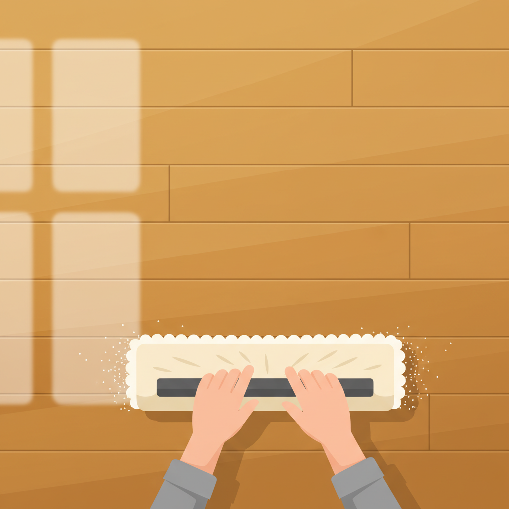 A vibrant, warm flat illustration depicting a pristine, glowing wooden floorboard surface. In the foreground, a person's hands (only the hands and lower arms visible) gently guide a soft-bristled broom or a mop with a dry microfiber cloth across a section of the floor, leaving a clear, shiny path. Subtle dust particles are visibly captured by the cleaning tool. In the background, the cleaned portion of the floor reflects a subtle light source, illustrating its renewed luster and cleanliness, suggesting longevity and care. The overall atmosphere should be light, clean, and inviting, highlighting the beauty of a well-maintained wooden floor.