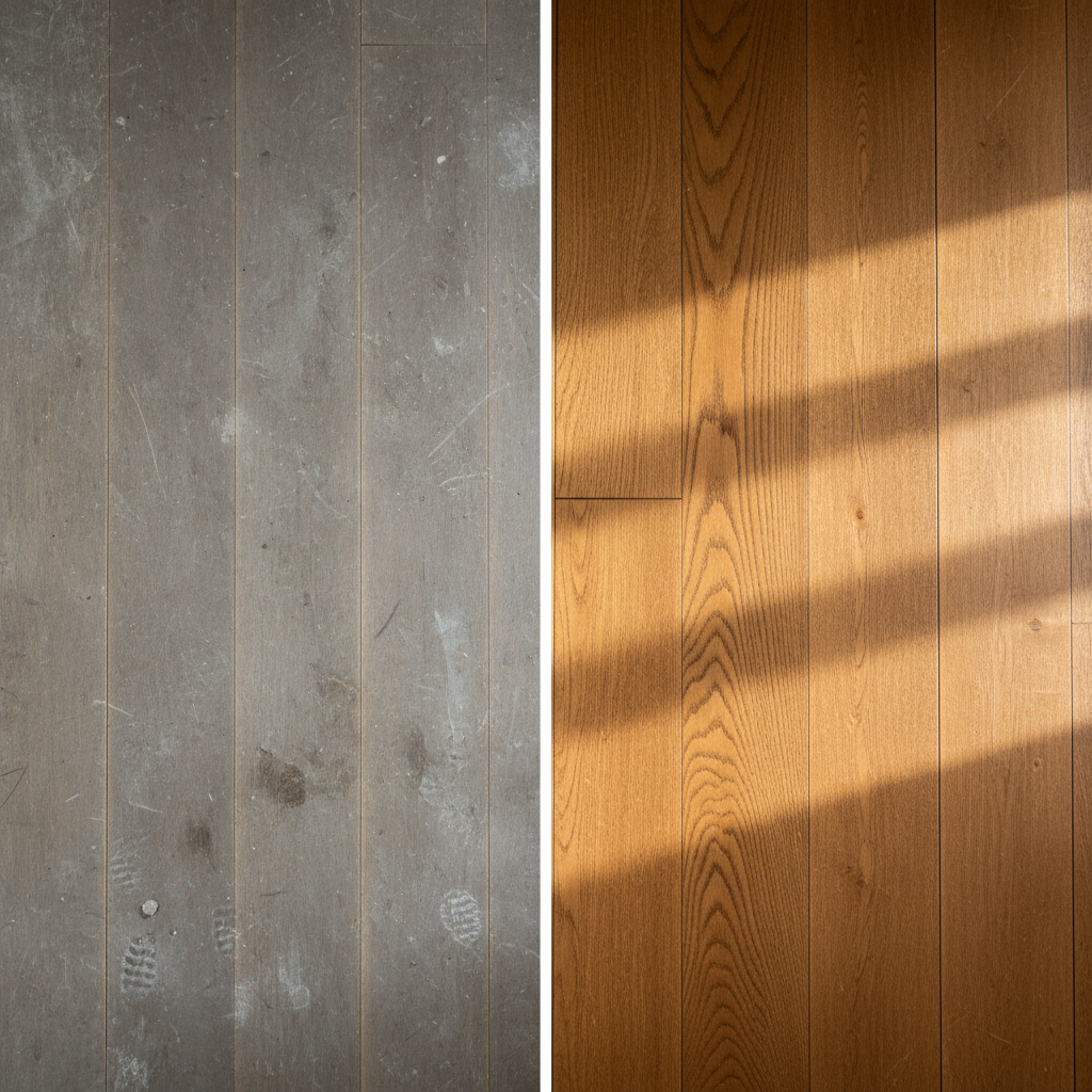 A professional high-angle photo, split vertically, showcasing two contrasting states of wooden floorboards. On the left side, the Dielenboden appears dull, with subtle, dried-on smudges and minor wear, representing neglect and daily accumulation of dirt. On the right side, the identical type of Dielenboden gleams with a rich, vibrant luster, perfectly clean and well-maintained, reflecting ambient light beautifully. A soft, clean glow emanates from the polished side, symbolizing protection, beauty, and extended longevity. The composition should clearly convey the positive impact of proper care versus the visual degradation caused by lack of maintenance.