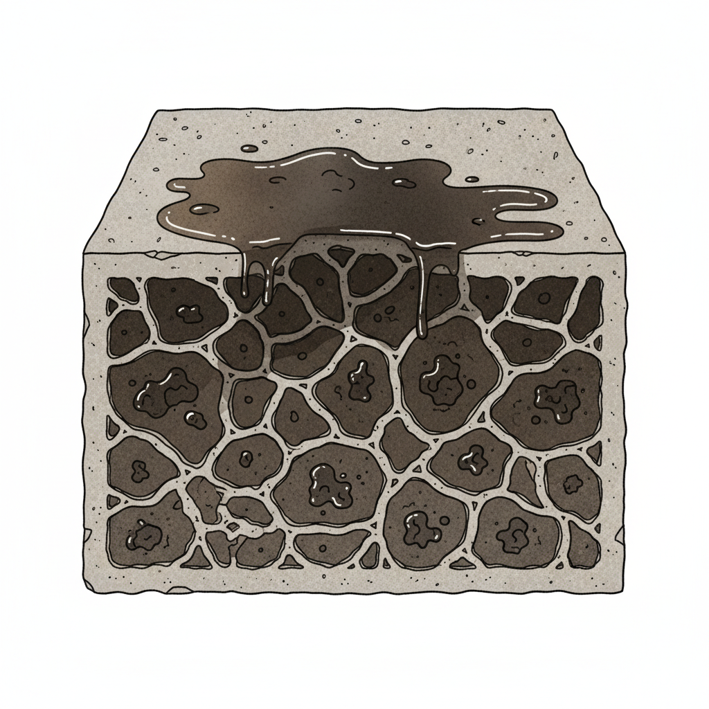 A detailed, cross-section view of a beige-grey porous stone surface, like a paving slab or concrete. Dark, oily diesel liquid is visibly seeping deep into the intricate network of tiny pores and fissures within the stone material. Some simplified, abstract molecular representations (e.g., dark, irregular shapes) illustrate the hydrophobic hydrocarbons of the diesel binding within the stone's internal structure. The upper surface of the stone shows a dark, wet stain spreading. Style: Scientific diagram, microscopic view, highly detailed illustration with a semi-realistic texture.