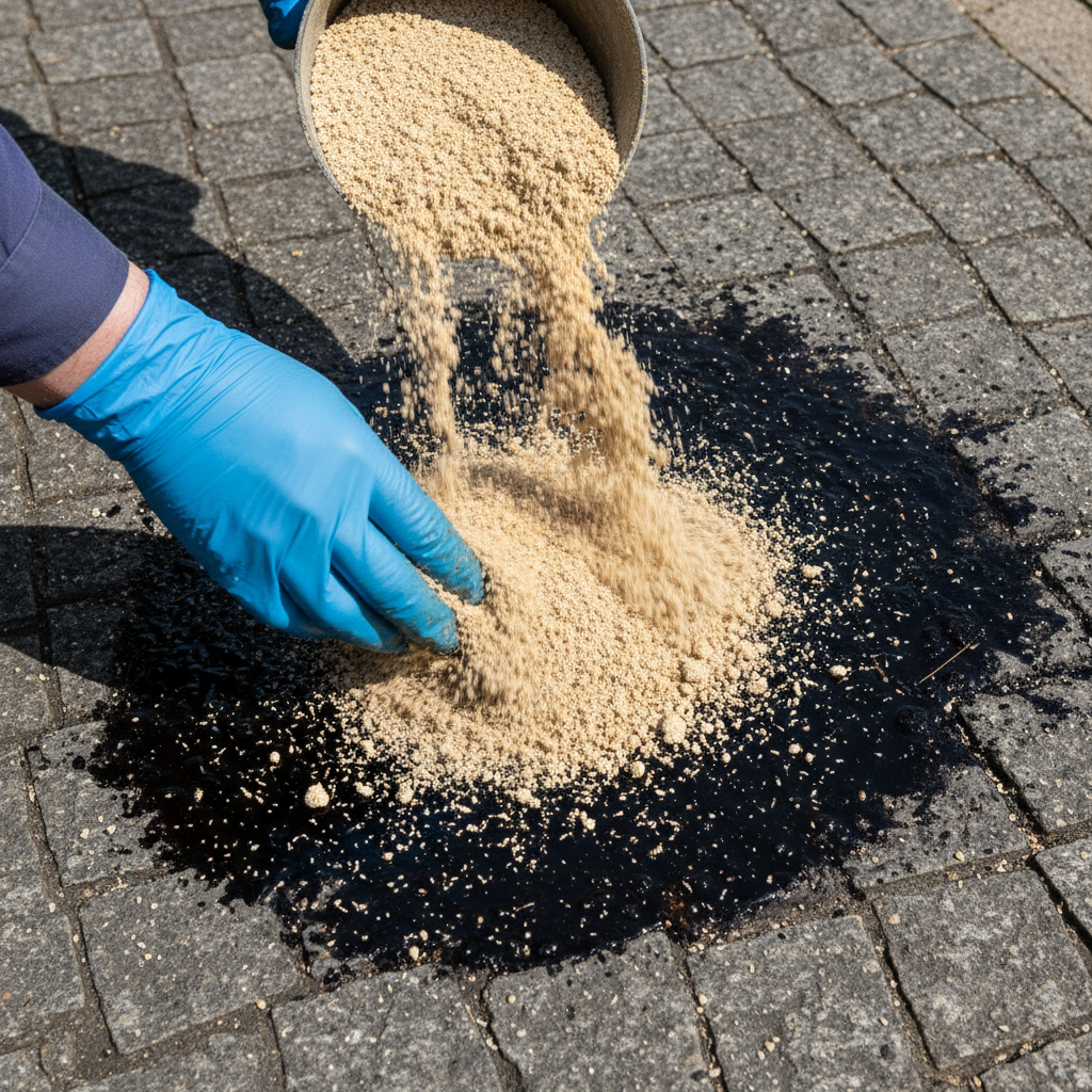 A close-up, slightly elevated shot of a fresh, dark diesel spill on a grey, textured stone driveway. A pair of hands, wearing protective gloves, are actively sprinkling a generous layer of light-colored, granular absorbent material (like cat litter or sawdust) over the wet, dark stain. The absorbent material is visibly beginning to soak up the diesel, creating a contrast between the wet, dark patch and the dry, lighter powder. Style: Professional photo, realistic, outdoor setting, focus on the immediate action.