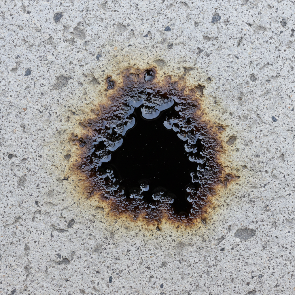 A close-up, high-angle professional photo of a dark, irregularly shaped diesel stain deeply embedded in a textured, light gray concrete or natural stone surface. The stain should appear oily and visually penetrate the pores of the stone, with subtle discoloration extending beyond the immediate dark patch. The texture and porosity of the stone should be clearly visible, emphasizing the stubborn nature of the problem. The overall mood should convey a persistent, difficult-to-remove contamination.