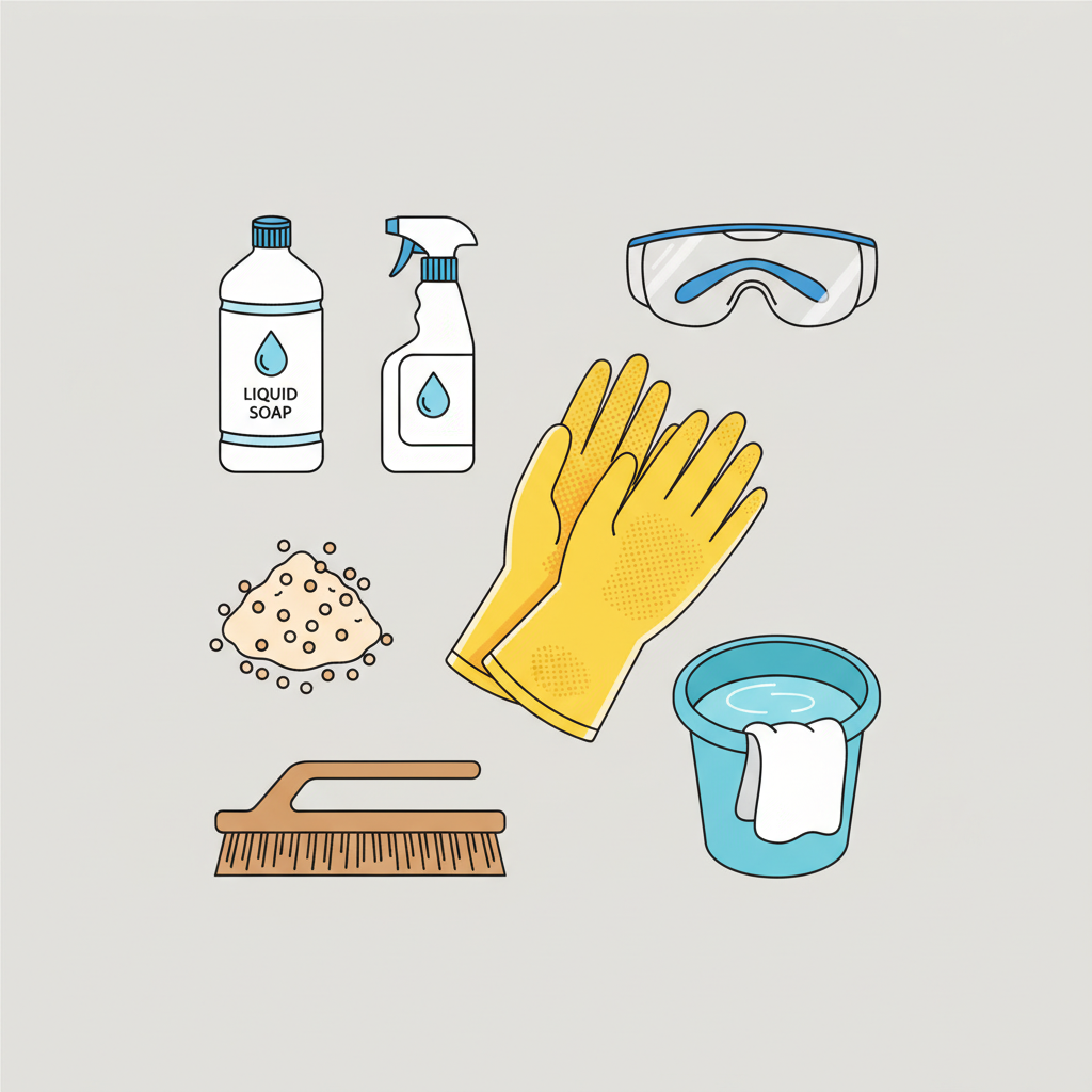 A clean, bright flat-lay illustration showcasing the essential materials for diesel stain removal. Arrange items neatly on a neutral background, including: a pair of yellow rubber gloves, clear safety goggles, a stiff-bristled scrub brush, a small pile of cat litter (as an absorbent), a generic bottle of liquid soap, a generic spray bottle, and a small bucket of water with a cleaning cloth. The style should be modern, clean flat illustration, emphasizing preparedness and clarity for the task ahead.