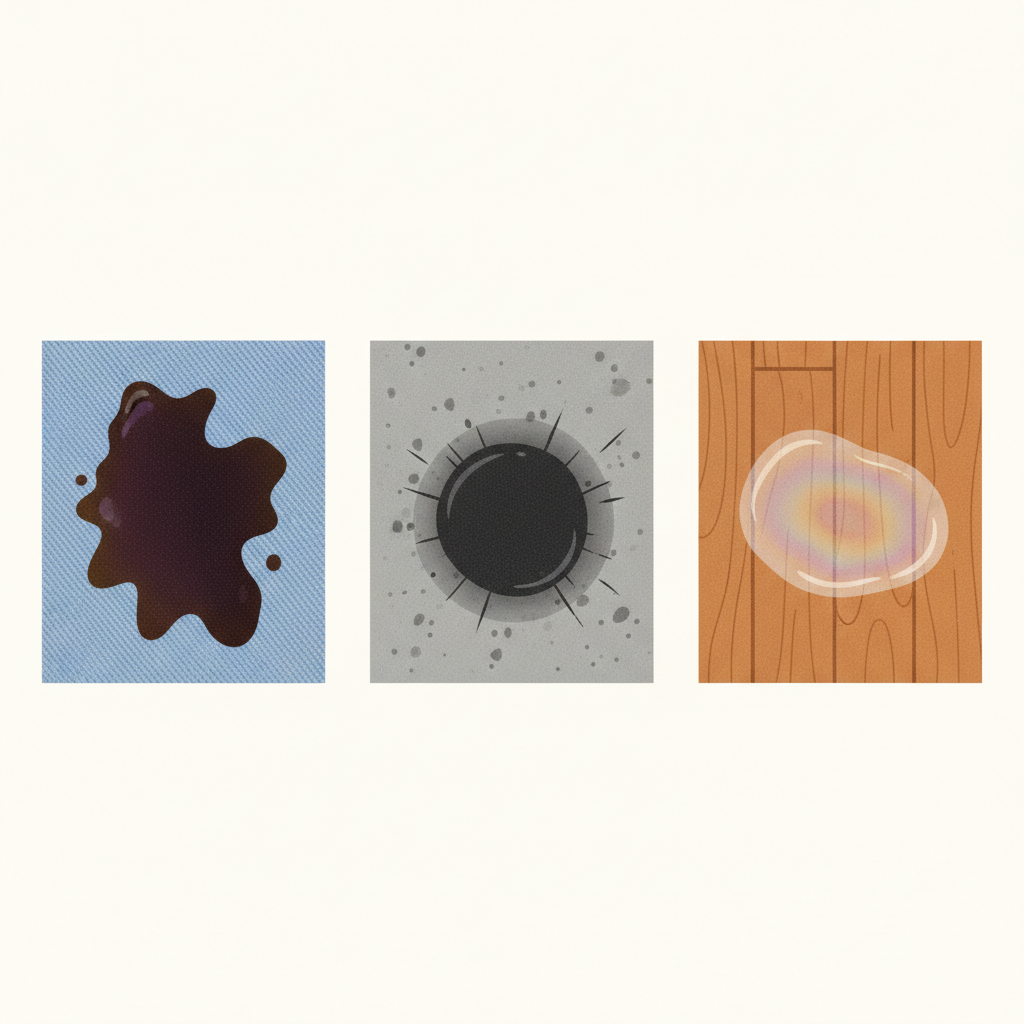 A vibrant, clean flat illustration with subtle textures depicting the challenging nature of diesel stains. The image features a dark, viscous diesel stain spreading across a light-colored fabric swatch (like denim or cotton), showing clear absorption into the fibers. Adjacent to it, a similar, deeply embedded dark stain is visible on a porous concrete slab, emphasizing deep penetration. Further, a faint, oily sheen hints at residue on a polished wood surface. The overall composition conveys the pervasive and stubborn characteristics of diesel stains on various common materials.