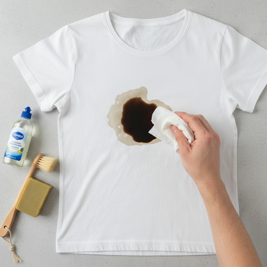 A professional, well-lit photo taken from an overhead perspective, showcasing the initial steps for removing a diesel stain from clothing. A piece of light-colored fabric (e.g., a white t-shirt) with a distinct dark diesel stain is centrally placed. A hand is gently dabbing the excess stain with a crumpled piece of kitchen paper, careful not to spread it. Nearby on the same surface, a small bottle of dish soap or a bar of bile soap is visible, alongside a soft-bristled brush, indicating the next stage of degreaser application. The focus is sharp on the hands and cleaning items.