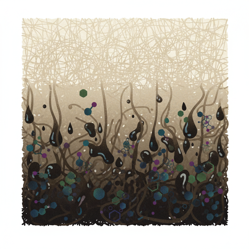 A close-up, cutaway illustration showing a cross-section of a fabric textile or porous material like concrete. Stylized, dark, oily diesel droplets and molecules are depicted deeply embedded and entangled within the fibers or pores of the material, showing deep penetration. A lighter, cleaner section of the material is visible at the top, transitioning into the deeply saturated, darker area below. The illustration should emphasize the 'stubborn' and 'penetrating' nature of diesel. The overall style should be clean, informative, and slightly scientific, rendered in a flat illustration or infographic style with subtle textures.