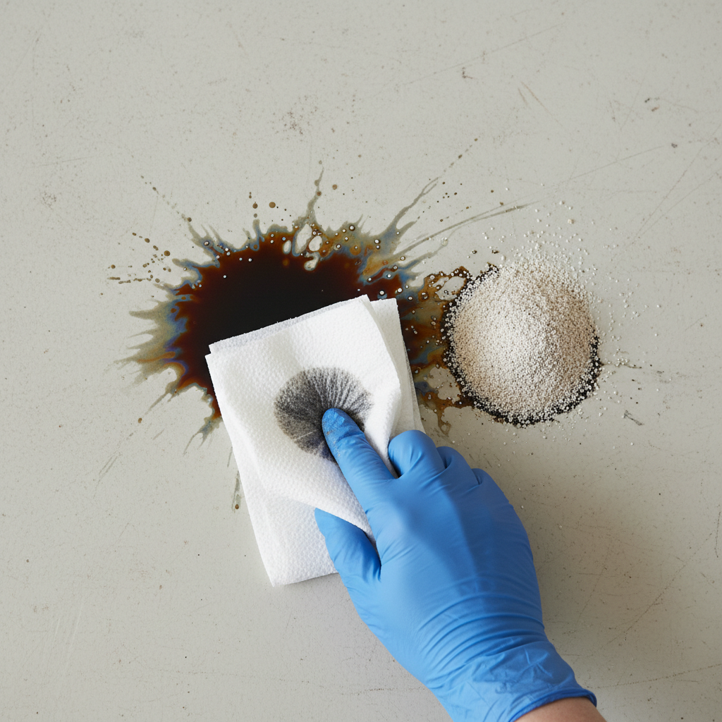 A top-down, brightly lit professional photo showcasing immediate action on a fresh diesel stain. A small, dark, oily diesel stain is visible on a neutral, slightly textured surface (e.g., a light grey concrete garage floor or a piece of sturdy fabric). A gloved hand is gently dabbing the stain with a stack of white paper towels, visibly absorbing some of the liquid. Nearby, a small pile of dry, granular material (like cat litter or baking soda) is shown actively absorbing another part of the spill, with a darker, saturated ring forming around its base. The scene conveys practical, effective action.
