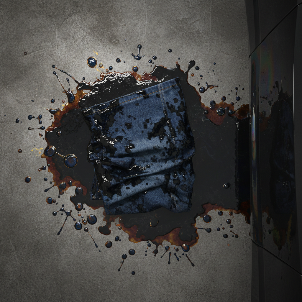 A close-up, top-down view of a dark, oily diesel stain visibly spreading on a crumpled piece of denim fabric, with a section of the stain also on a grey concrete floor and a glossy, dark car panel. The stain appears viscous and deeply embedded, hinting at its lipophilic nature. A subtle, abstract visual effect like tiny oil droplets or molecules could be seen near the edges, symbolizing its chemical composition. The scene emphasizes the stubbornness and pervasive nature of the stain across different materials. Style: Realistic digital painting with strong textural detail and deep, rich colors.