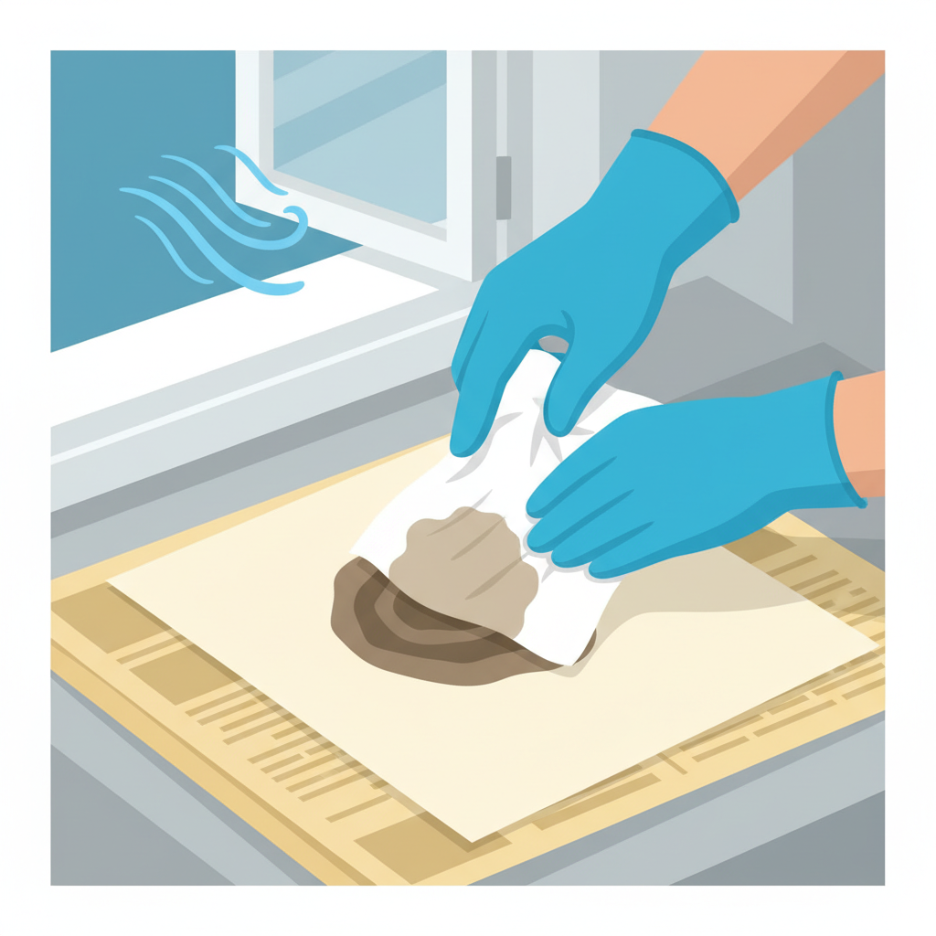 A pair of hands, wearing bright blue protective gloves, are carefully dabbing a fresh, dark diesel stain on a light-colored fabric with a white paper towel. The action shows gentle blotting, not rubbing. In the background, there's a subtle visual cue for good ventilation, like a window partly open with a faint breeze symbol. Underneath the fabric, old newspaper or a protective cloth is laid out to prevent further spreading. The scene clearly illustrates safety precautions and initial steps for stain absorption. Style: Clean, infographic-style flat illustration with a focus on procedural clarity.