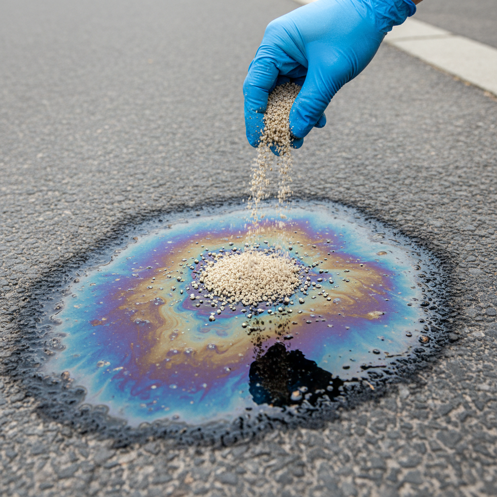 A professional, realistic photo showing a fresh, dark, iridescent diesel fuel stain on a grey asphalt road. The oily patch is visibly spreading. A gloved hand is carefully scattering a light-colored, granular absorbent material, resembling sand or cat litter, directly onto the center of the diesel spill. The textured asphalt, the reflective sheen of the fuel, and the small particles of the absorbent material are all clearly visible, emphasizing the act of containment and absorption. The background is slightly blurred, focusing on the immediate action.