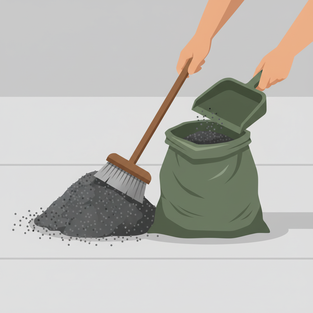 A clean, professional flat illustration in a modern, slightly simplified style. The scene depicts the aftermath of diesel absorption on a light grey concrete or asphalt surface. A pile of dark, soiled granular absorbent material is visible. A person's hands (without showing the full person) are holding a broom and a dustpan, carefully sweeping the dirty absorbent material into a durable, sealed waste bag, indicating proper disposal. The contrast between the clean road surface and the contained dirty material should be evident.