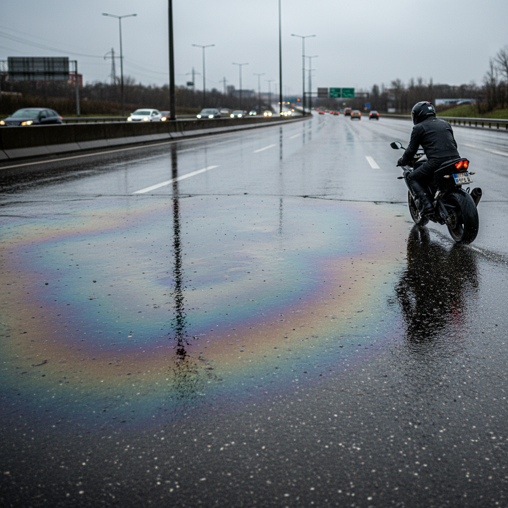 A professional photo capturing a hazardous road scene. A dark, iridescent diesel stain stretches across a wet asphalt road, reflecting distorted light and appearing slick. A motorcycle is carefully navigating the edge of the slick patch, with a subtle visual cue of potential instability (e.g., a slight lean or tire splash). The background shows a typical road environment, emphasizing the public danger and the need for caution. The overall mood should be serious and cautionary, highlighting the immediate threat of a diesel spill.