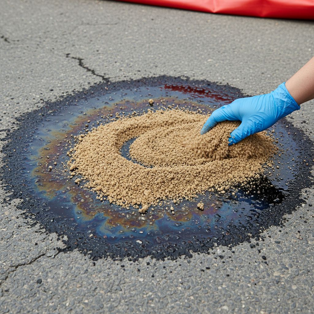 A clear, instructional photographic style image depicting the immediate containment of a diesel spill. A visible dark diesel puddle is spread on an asphalt road. A gloved hand, partially visible, is actively spreading a light-colored, granular absorbent material (like a universal binder or coarse sand) over the spill, showing the process of absorption. The scene is well-lit and focused, conveying a sense of practical, quick action to mitigate the spread and danger of the fuel.