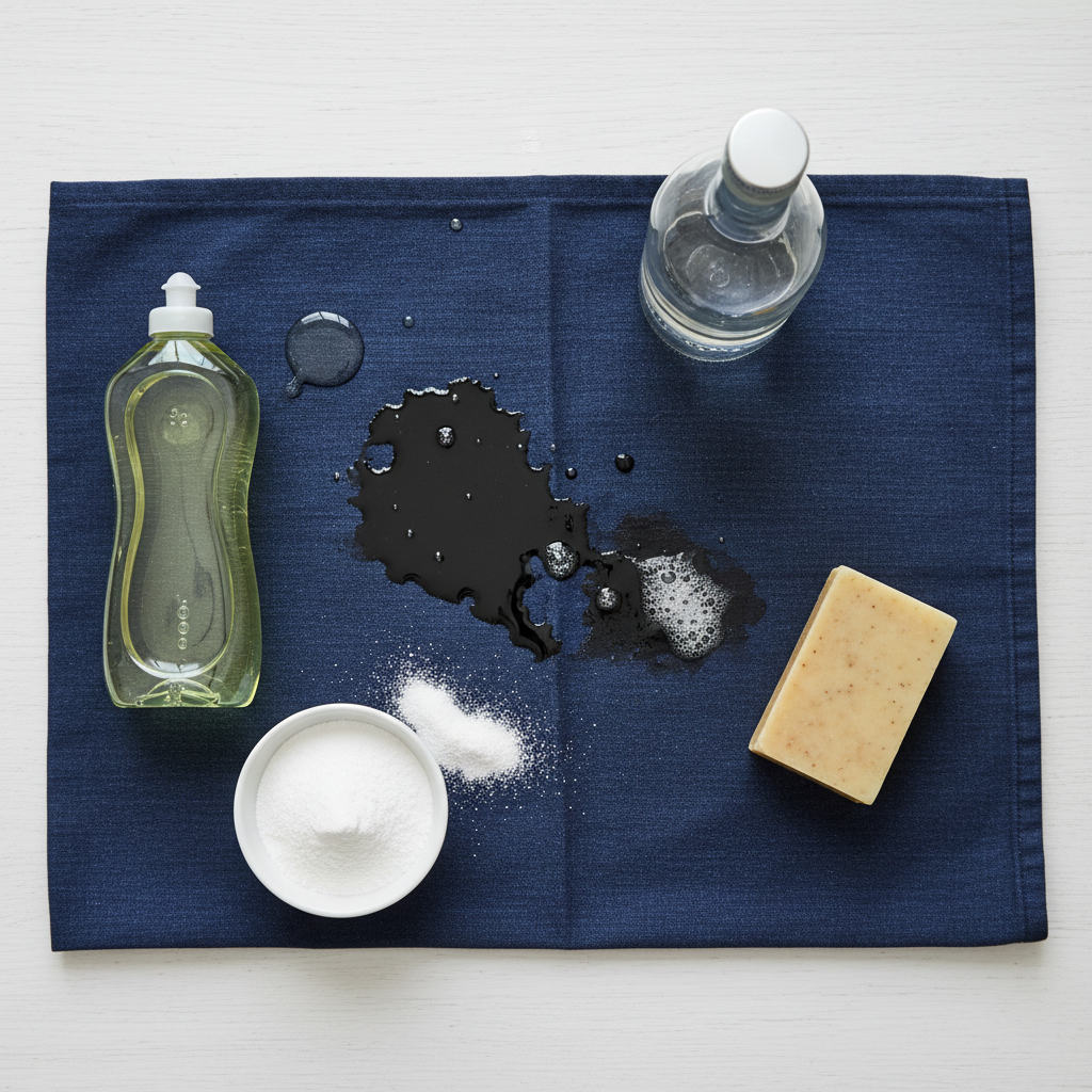 A clear, overhead shot in a clean, bright setting, showcasing various household remedies effectively tackling a stubborn diesel stain on a piece of dark fabric, like denim or a work overall. A dark, oily patch is visible on the fabric. Surrounding it are a bottle of clear dish soap, a small white bowl filled with baking soda powder, a yellow bar of gall soap, and a bottle of white vinegar, suggesting their application. The style should be a modern, professional flat lay photograph with soft natural lighting, emphasizing practicality and ease of use.