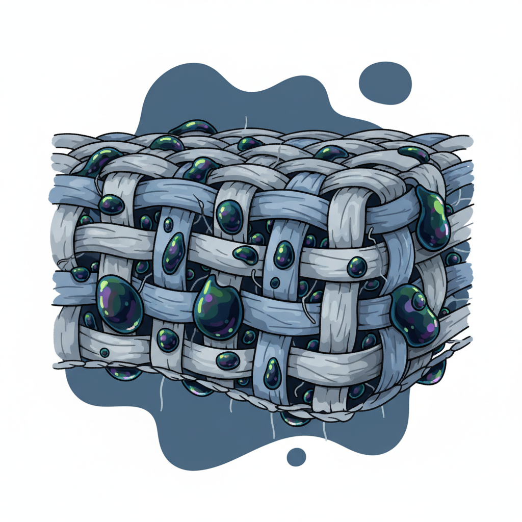 An illustrative scene depicting the microscopic interaction of diesel with a fabric surface. A cross-section of a fabric fiber, perhaps a textile or porous material, is shown with dark, viscous oil-like droplets representing diesel fuel molecules deeply embedded within its structure. The oily substance appears to cling tenaciously to the fibers, not easily dissolving. The background could subtly suggest a larger stained area. The style should be a clean, modern infographic illustration or a detailed scientific diagram, using a palette of blues, grays, and dark, iridescent greens to convey the diesel's oily, penetrating nature.