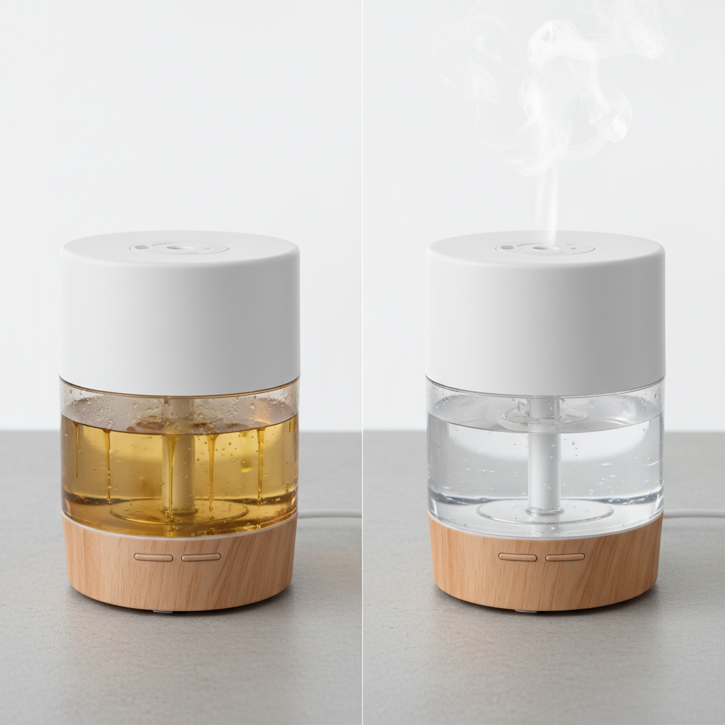 A visually striking split image, half showing a neglected essential oil diffuser. Inside its water tank, there are visible yellowish-brown oil residues clinging to the sides and a cloudy film on the ultrasonic disc, hinting at mineral buildup. The other half displays the exact same diffuser model, impeccably clean, its inner tank gleaming. A soft, clear mist gently rises from the top, symbolizing freshness and optimal function. Professional product photography style with bright, even lighting and a clean background, emphasizing the contrast between dirty and clean.
