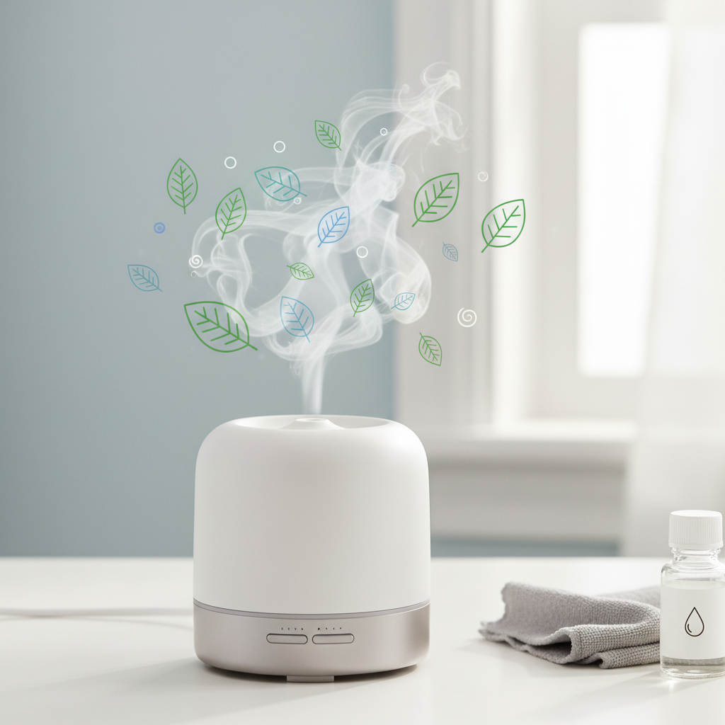 A clean, modern ultrasonic essential oil diffuser is positioned centrally on a smooth, light-colored surface in a bright, minimalist setting. A gentle, transparent mist billows elegantly from the diffuser's top, subtly transforming into stylized, fresh air symbols like faint leaf outlines or light swirling patterns, radiating purity and pleasant aroma. Nearby, out of focus, a soft cleaning cloth and a small bottle of white vinegar are placed, hinting at the maintenance process. Flat illustration style with a focus on clean lines, soft colors, and a serene atmosphere.