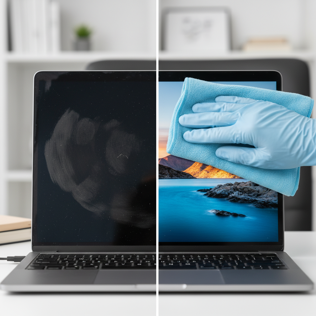 A dynamic split-screen composition contrasting a dirty and a clean display. On the left, a smartphone or laptop screen is visibly covered with fingerprints, dust, and smudges, appearing dull and cloudy. On the right, the same type of screen segment is sparkling clean, reflecting crisp, vibrant colors and appearing highly defined. A hand, possibly gloved, is gently wiping the screen from the dirty side towards the clean side with a soft, blue microfiber cloth, illustrating the transformation. The overall aesthetic should be bright, professional, and inviting, emphasizing the positive outcome of cleaning, in a modern photographic style.