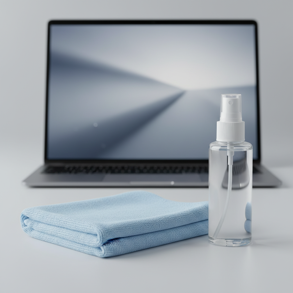 A visually appealing flat lay composition showcasing the essential tools for display cleaning. In the foreground, a premium, soft blue or grey microfiber cloth is neatly folded or spread out, highlighting its plush texture. Beside it, a sleek, generic spray bottle containing a clear liquid, subtly implying screen cleaner, stands upright. The background features a softly blurred modern display, such as a laptop or tablet screen, hinting at its purpose without distracting from the tools. The style should be minimalist, clean, and professional, using soft lighting to emphasize cleanliness and care, suitable as a studio product shot.