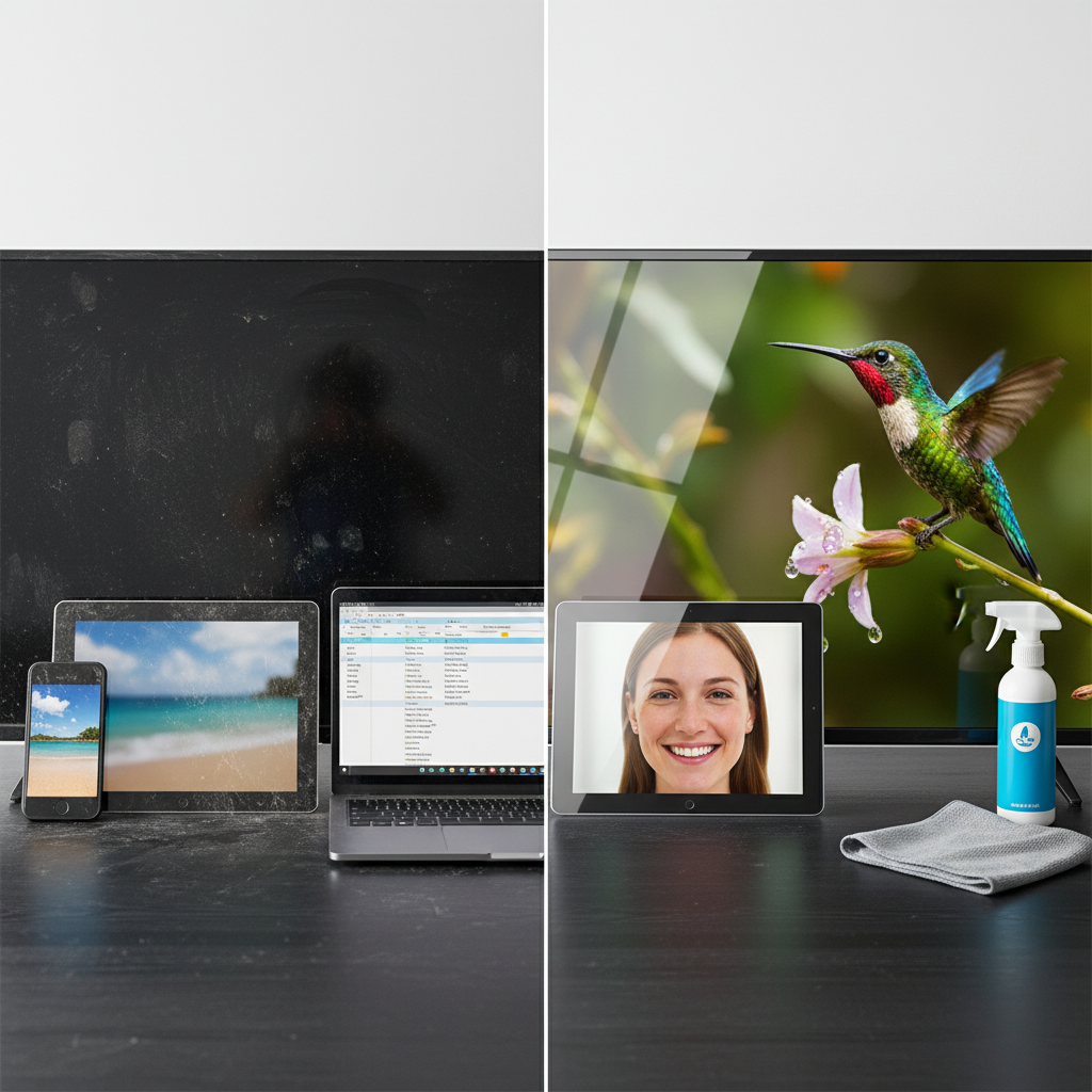 A dynamic, split-panel composition showcasing the transformation of electronic displays. On the left side, a collection of popular devices – a smartphone, a tablet, a laptop, and a flat-screen TV – all display screens covered in visible smudges, fingerprints, and dust, appearing dull and unclear. On the right side, the exact same devices are shown with their screens impeccably clean, sparkling, and vibrant, reflecting light beautifully. A specialized display cleaner spray bottle and a soft microfiber cloth are subtly integrated into the clean side, suggesting the cleaning process. The overall style should be a professional, high-resolution photo with excellent lighting, emphasizing the contrast.