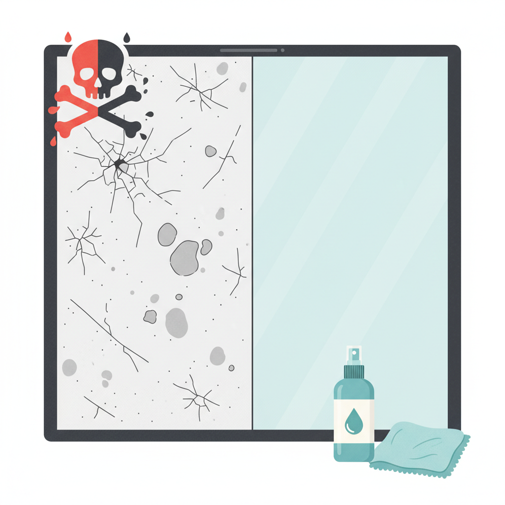 An illustrative diagram focusing on the microscopic surface of a display screen. The image is divided into two conceptual zones. The left zone depicts a magnified view of a screen's sensitive protective coating appearing visibly damaged, with microscopic scratches, tiny cracks, and areas where the coating seems to be eroding, perhaps with an abstract, harsh chemical symbol hovering nearby. The right zone shows an intact, smooth, and perfect screen coating, illustrating protection and longevity, with a gentle, specialized display cleaner bottle and a soft cloth subtly present. Use a clean, flat illustration style with subtle textures and clear visual differentiation between damage and protection.