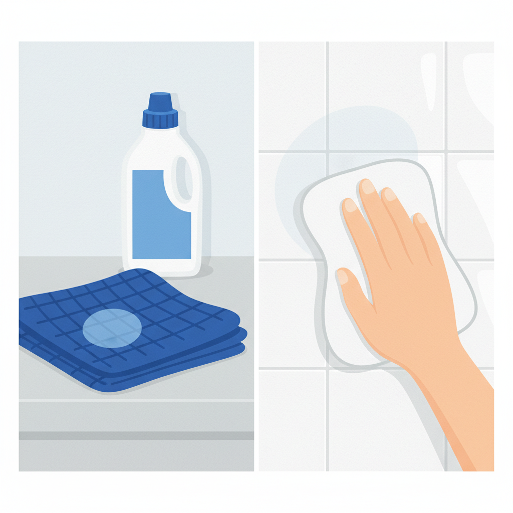 A split-scene infographic-style illustration. On the left side, a vibrant blue hand towel displays a distinct, lighter bleached spot caused by a spilled drop of Domestos, with a partially visible Domestos bottle in the background suggesting the cause. On the right side, a clean hand gently wipes away a faint residue mark from a sleek, white ceramic tile using a soft, damp cloth, indicating the removal process. The overall atmosphere is clean and bright, emphasizing both the problem and its solution in a visually clear manner. Flat illustration with subtle textures.