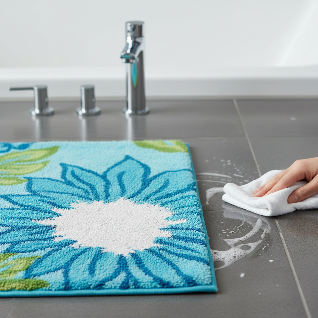 A clean, modern professional photo capturing a domestic scenario. A blurred background hints at a bathroom environment. In the foreground, a close-up shows a vibrant, colored textile, possibly a bath mat or towel, with a noticeable, lighter discolored patch – a bleached spot – clearly indicating a Domestos stain. Next to it, a small pool of water is being wiped away from a high-gloss, dark tile surface by a pristine white microfiber cloth, illustrating the process of removing cleaning product residue. The lighting is crisp and highlights the textures of the materials.