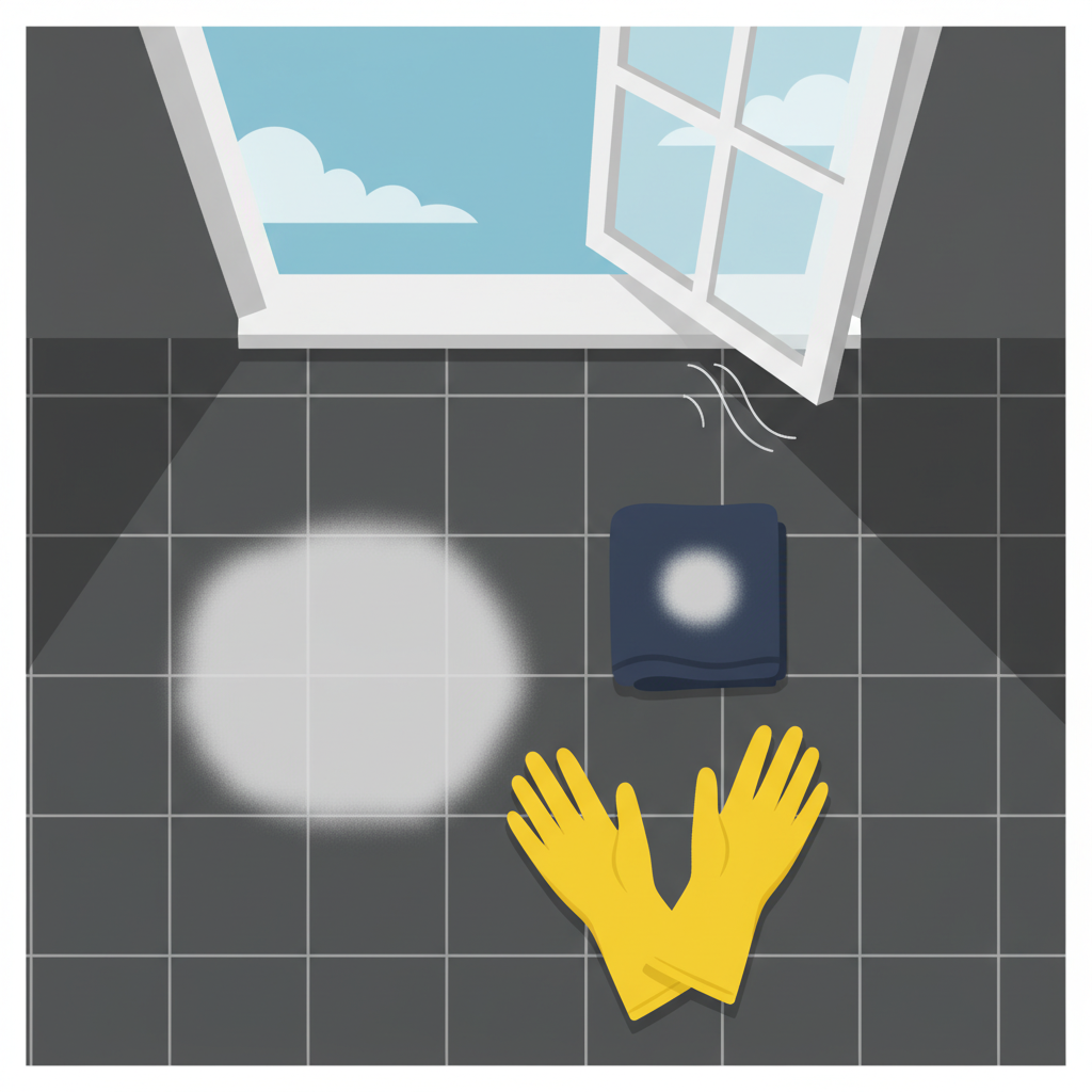 A detailed flat illustration showing a clean but slightly affected bathroom scene. On a dark blue or grey tiled floor, there is a distinct, circular, lighter bleached stain, indicating where a cleaning solution might have spilled. Adjacent to it, a small, dark hand towel lies, also displaying a faded, bleached spot. In the immediate foreground, a pair of bright yellow rubber gloves is neatly placed next to a window that is slightly ajar, emphasizing the importance of safety gear and good ventilation when handling strong cleaning products. The overall style should be clean, modern, and visually appealing for a blog.