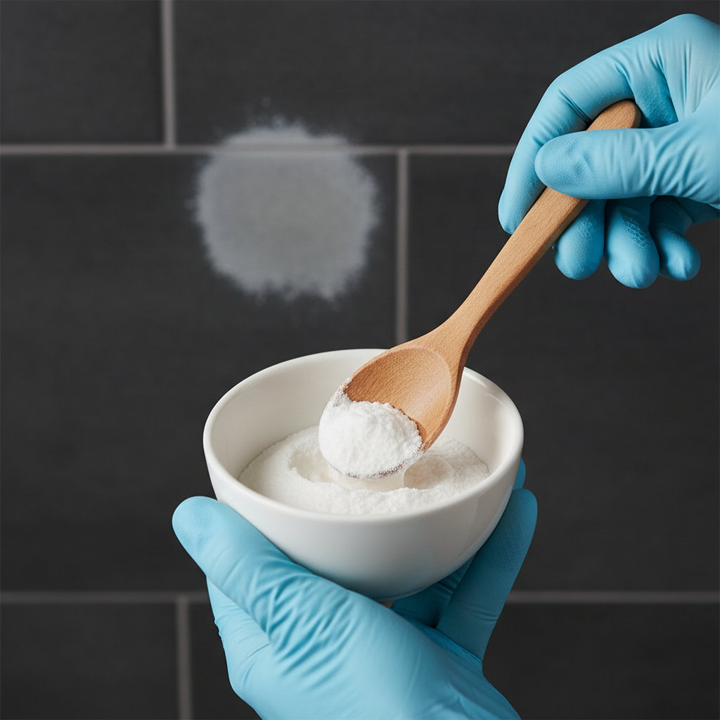 A close-up, professional studio photo illustrating the 'baking soda and water paste' method for removing stains. The image features a pair of hands, protected by light blue rubber gloves, actively mixing white baking soda powder with a small amount of water in a small, white ceramic bowl. A wooden stirring stick or a small spoon is used for mixing, creating a thick, white paste. In the softly blurred background, a section of a dark-colored tile wall with a subtle, lighter bleach stain is visible, providing context for the cleaning task. The lighting is bright and even, highlighting the clean process and ingredients.