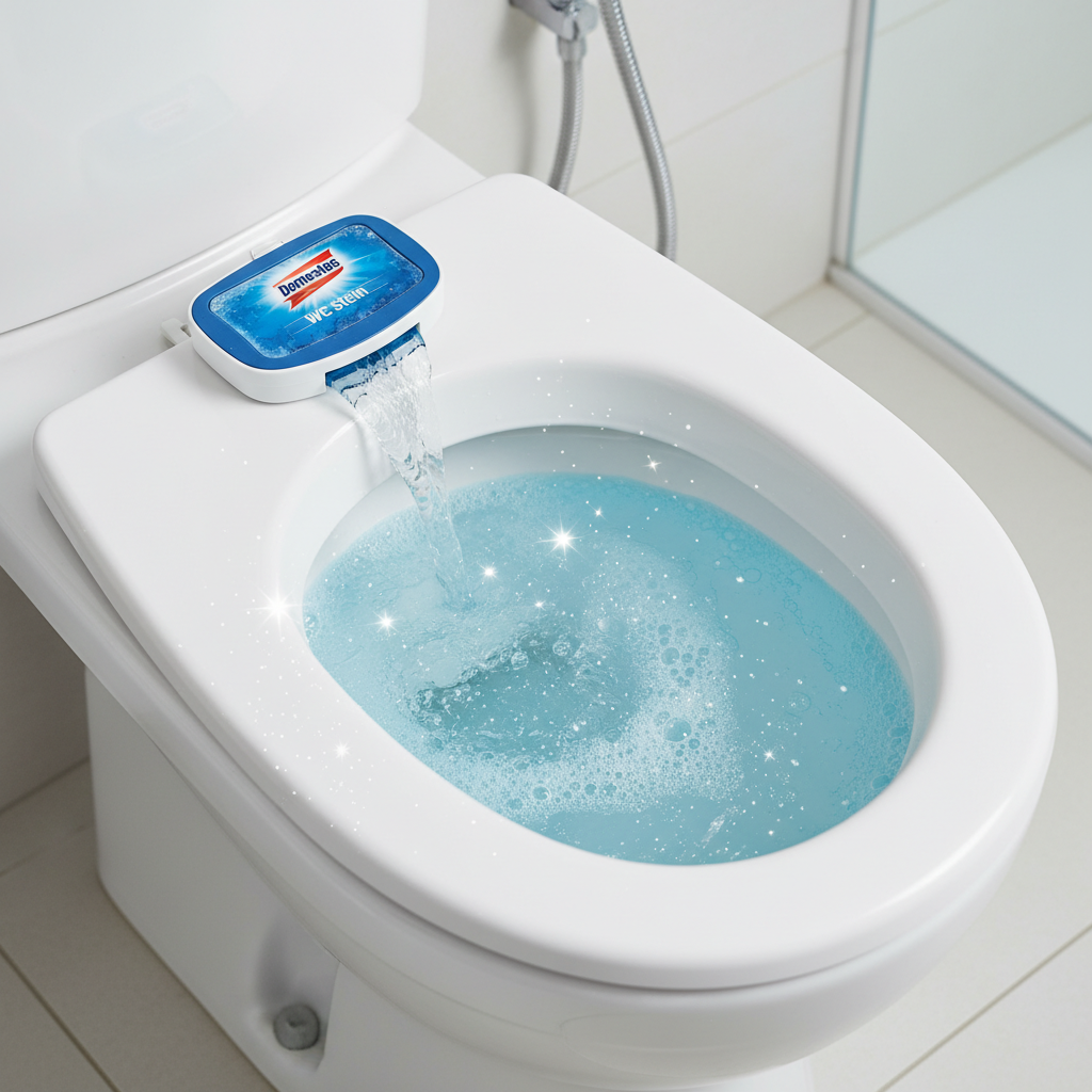A bright, professional photo of a modern, clean toilet bowl from a slightly elevated angle. A Domestos WC Stein (toilet block) is visibly clipped onto the rim. As water flushes down, it activates the block, creating a vivid stream of blue, bubbly cleaning solution swirling into the bowl. Subtle sparkling effects emanate from the water, conveying freshness and cleanliness. The overall scene is pristine, well-lit, and emphasizes the product in action, highlighting its immediate cleaning and deodorizing benefits.