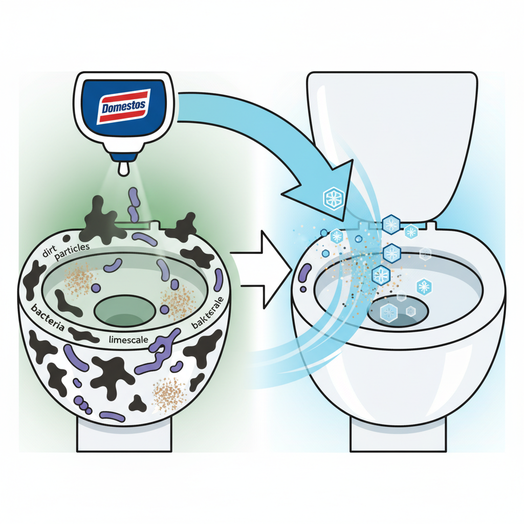 A detailed flat illustration in an infographic style, showing a conceptual representation of the Domestos WC Stein's cleaning mechanism. On one side, a stylized toilet interior displays abstract representations of dirt particles, bacteria, and limescale clinging to the ceramic. An abstract arrow points from the positioned WC Stein towards these impurities. On the other side, the toilet interior is sparkling clean, with small, abstract cleaning particles (e.g., stylized molecules, disinfectant symbols) actively neutralizing the dirt and bacteria, while a fresh, clean aura surrounds it.