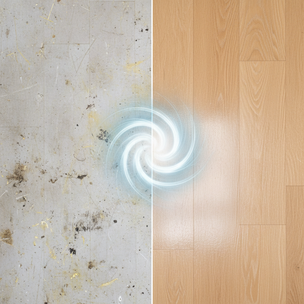 A vibrant, professional split-screen photo showcasing a hard floor surface. The left half of the floor appears dull, scuffed, and covered with visible old care product residue and stubborn dirt marks, indicative of heavy wear and neglected maintenance. The right half of the same floor section is gleaming, spotless, and looks pristine, highlighting its natural shine and true color, as if newly restored. A subtle, dynamic visual element, like a gentle, clean 'wave' or 'energy pulse', emanates from the dividing line, visually representing the powerful cleaning action that transforms the floor.