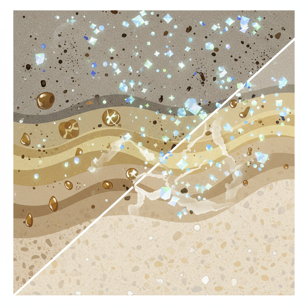 An intricate, infographic-style illustration depicting a microscopic cross-section of a floor surface. The top layer of the floor clearly shows embedded dirt particles (e.g., small dark specks, oil droplets) and a translucent, stratified layer representing old, accumulated floor care products. From above, numerous small, abstract 'cleaning agents' (e.g., active, star-like shapes) are illustrated actively penetrating and dissolving these impurities, showing them being lifted and broken down away from the floor material's pores, leaving the underlying floor visibly clean and intact. The overall effect should convey intensive, deep cleaning at a chemical level.