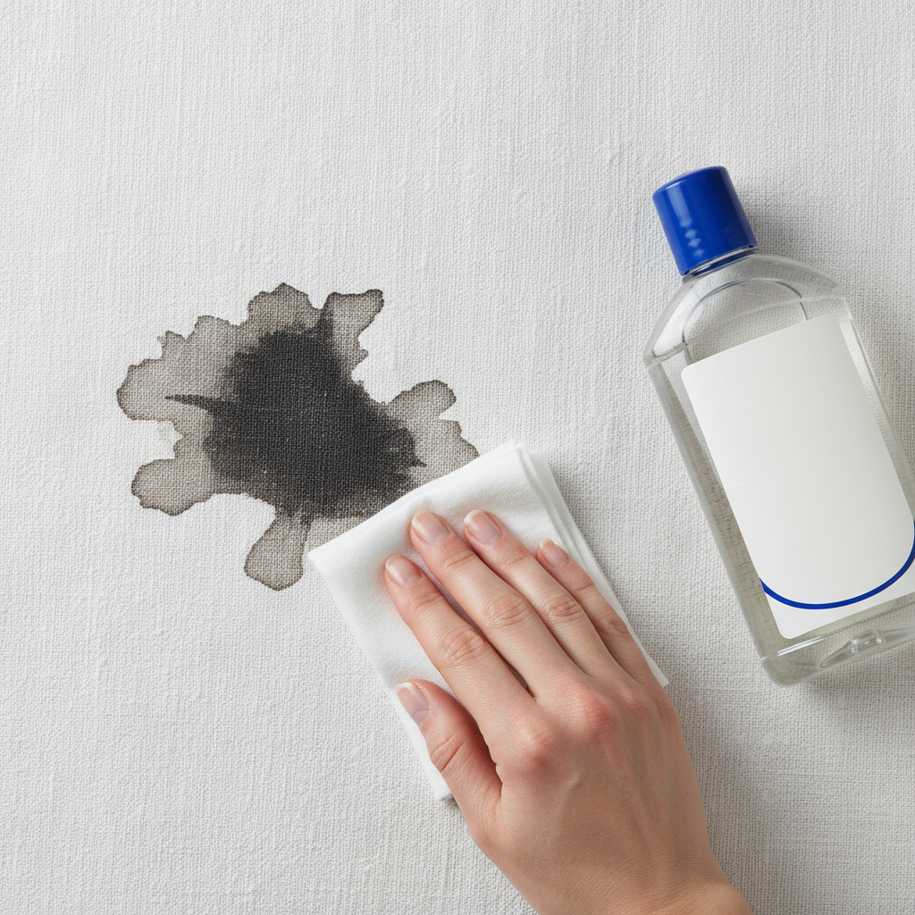 A high-angle, close-up professional photo of a white, textured fabric (like a cotton shirt or linen tablecloth) with a distinct, dried blood stain on it. A classic Dr. Beckmann Blutfleckenentferner bottle (recognizable by its shape and colors, but without any visible branding or text) stands prominently next to the stained area. A hand, gently holding a small, clean white cloth, is poised to dab the stain, suggesting the application process. The lighting is bright and even, highlighting the contrast between the pristine fabric and the challenging stain, conveying hope for removal.