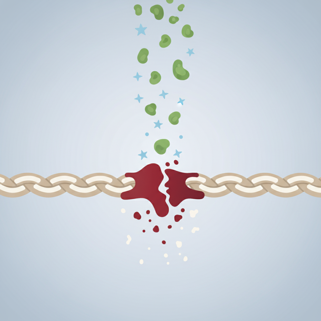 A sophisticated flat illustration depicting the microscopic action of a stain remover. A simplified textile fiber, shown as a wavy line or interwoven threads, has a deep red, irregular blood particle clinging to it. From the top, stylized abstract elements representing 'enzymes' (e.g., small, green, organic-looking shapes) and 'reducing substances' (e.g., tiny, light-blue crystalline or spark-like elements) descend towards the blood particle, actively breaking it down into smaller, dissolving, colorless fragments that begin to dissipate away from the fiber. The background is clean and muted, emphasizing the scientific process.