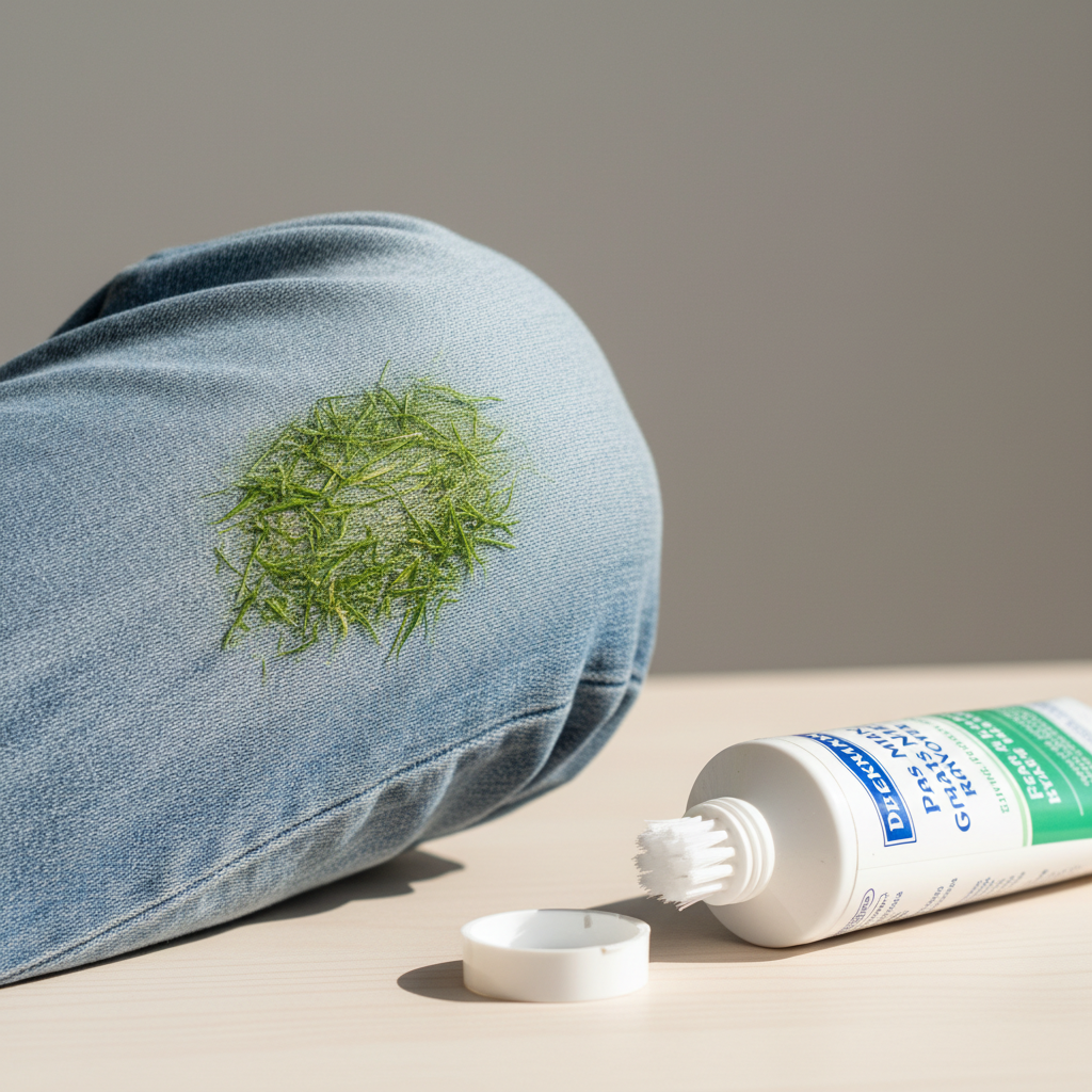A vibrant, professional close-up photo of a section of light-colored fabric (e.g., denim or cotton) with a distinct, fresh green grass stain clearly visible on the knee area of a pair of trousers. Adjacent to the stained fabric, a sleek, modern bottle or tube of Dr. Beckmann Grass Stain Remover is placed, with its cap slightly ajar, suggesting readiness for use. The scene conveys an immediate problem and an effective solution, set against a clean, uncluttered background that emphasizes the product and the stain. The lighting should be bright and natural, highlighting textile textures and the product packaging.