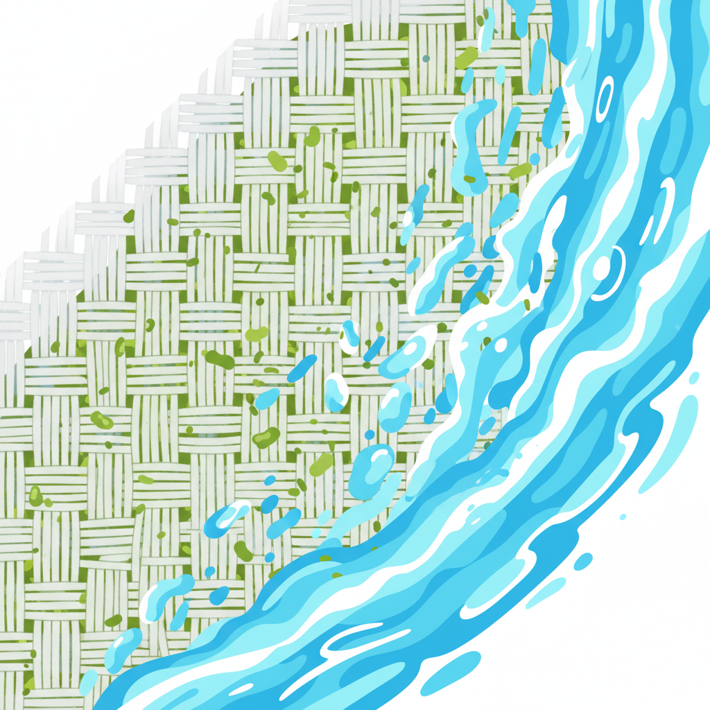An engaging, modern flat illustration depicting a conceptual, microscopic view of textile fibers. On the left side, numerous small, irregular green shapes, representing chlorophyll molecules, are shown deeply intertwined and embedded within the fabric threads, symbolizing a tough grass stain. On the right side, a dynamic, swirling liquid or abstract active particles (representing the Dr. Beckmann formula) are actively breaking apart and dissolving these green shapes, visually lifting them away from the fibers. The illustration uses a clean, bright color palette, focusing on the contrast between the embedded stain and the cleaning action.