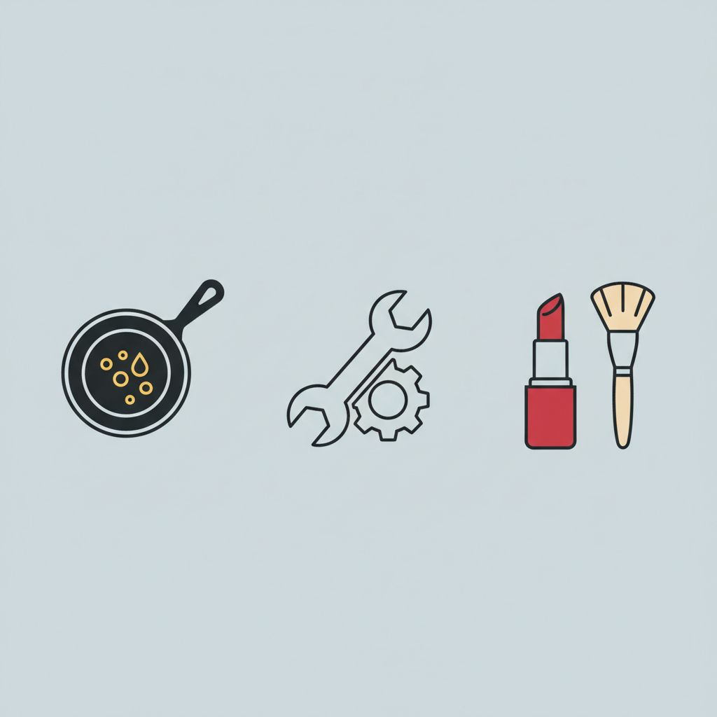 A minimalist vector illustration showcasing common sources of oil stains. The composition features distinct, easily recognizable symbols: a sizzling frying pan with a few oil drops, a mechanic's wrench next to a gear, and a cosmetic brush or lipstick tube. These elements are arranged neatly without overlapping, implying various daily scenarios where oil stains occur. The background is a clean, muted color to maintain focus on the symbolic items, conveying the ubiquity of these stain sources in a clean iconographic style.