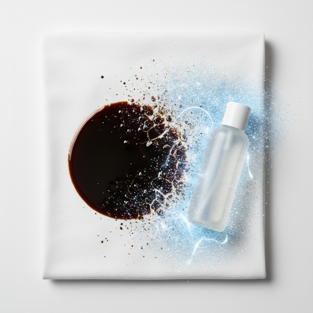 A close-up, professional studio photo of a white cotton t-shirt with a dark, prominent oil stain deeply embedded in its fibers. The stain appears stubborn and glossy, with visible texture. Positioned next to the stained area is a sleek, modern bottle resembling the Dr. Beckmann Fleckenteufel ÖL & FETT product, with a subtle, dynamic visual effect, like a dissolving aura or tiny particles, emanating from it and interacting with the oil stain. This effect should visually represent the oil molecules breaking down and lifting from the fabric, showcasing the product's effectiveness. The background is clean and neutral, emphasizing the subject.