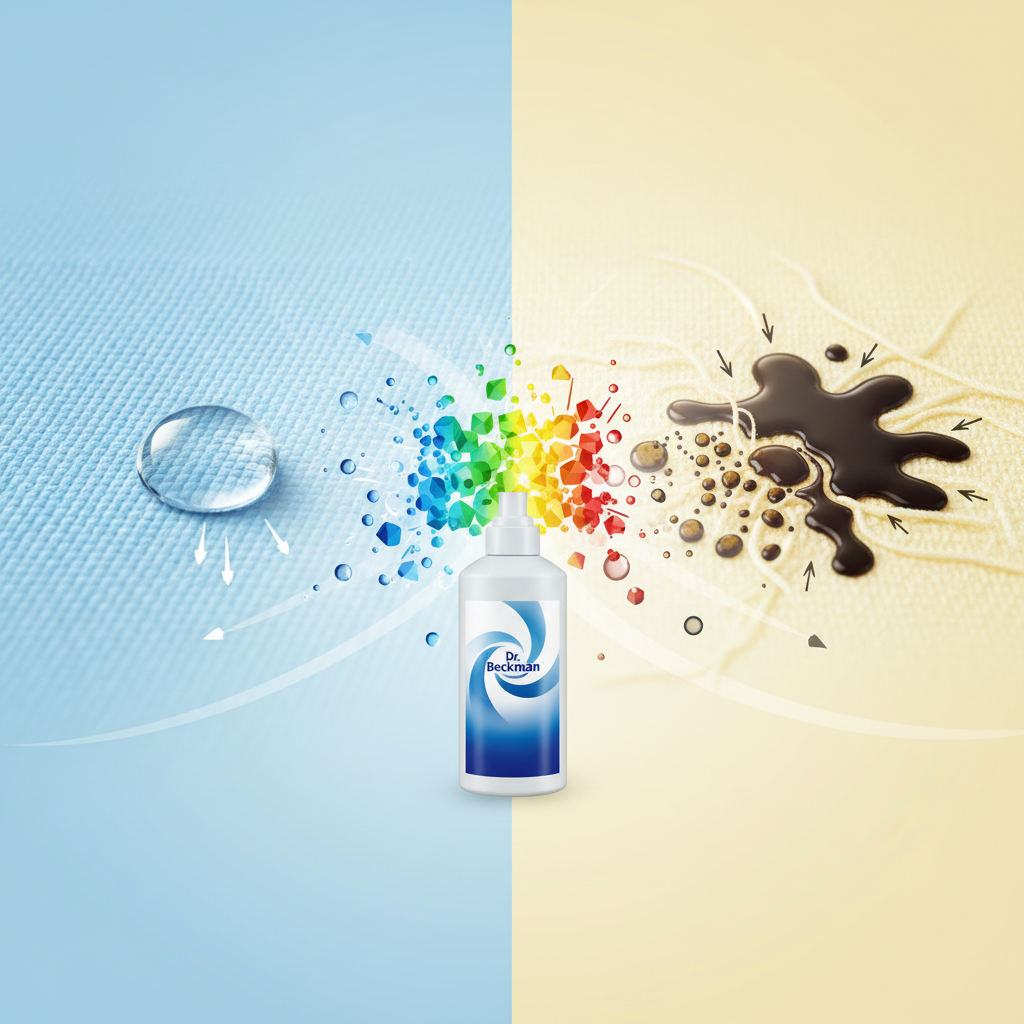 A clean, infographic-style illustration depicting the hydrophobic nature of oil and its solution. On one side, show a clear droplet of water beading up on a fabric surface, unable to penetrate the textile. On the other side, illustrate a dark oil stain deeply spreading and absorbing into the fabric fibers, emphasizing its stubbornness. In the center, a stylized Dr. Beckmann product bottle is depicted. From the bottle, an abstract, colorful visual metaphor radiates towards the oil stain, showing the oil molecules being encapsulated or broken down into smaller, water-soluble particles, suggesting the emulsification process. The overall aesthetic is bright, clear, and easy to understand.