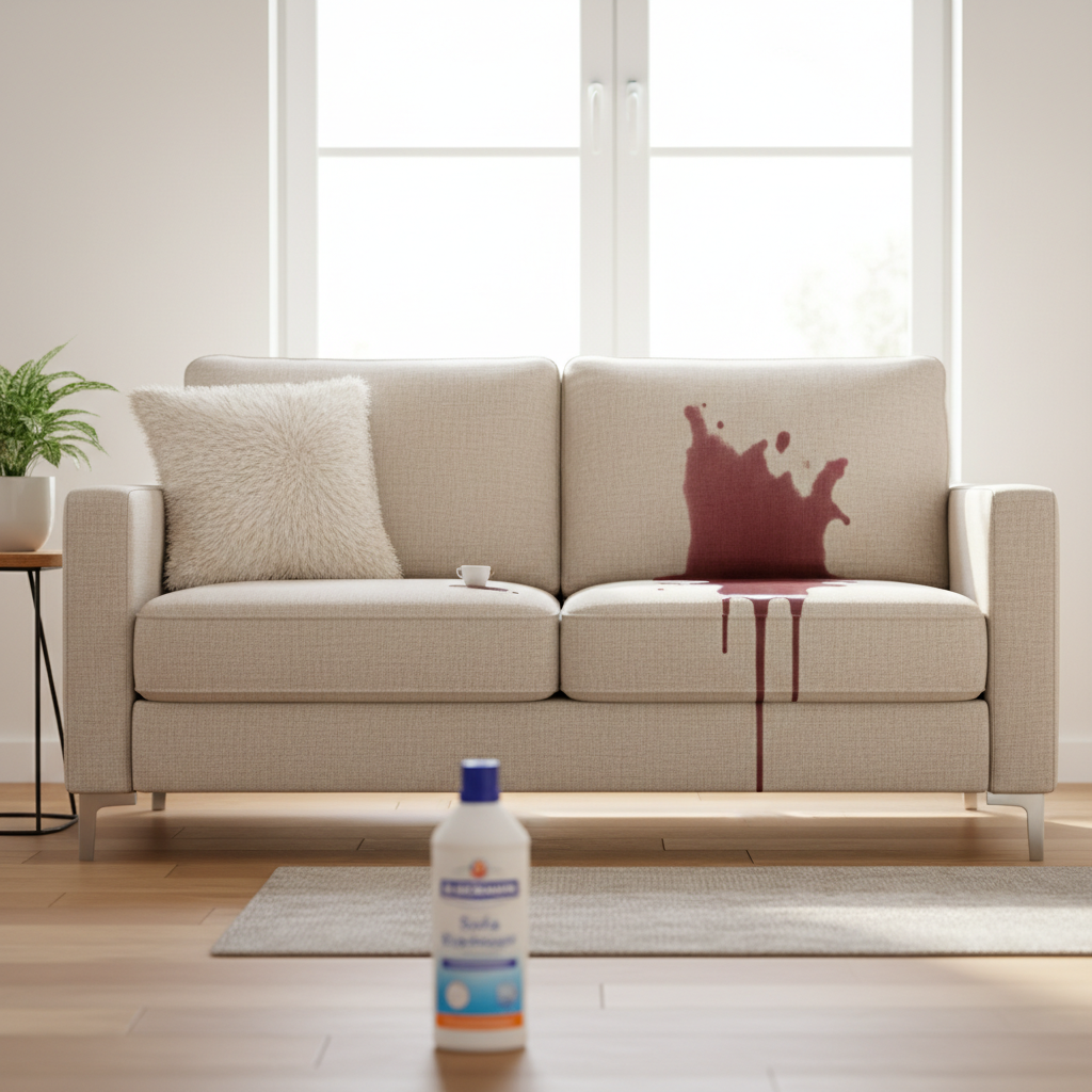 A professional, high-quality photograph showcasing a modern living room scene. A comfortable, light-colored fabric sofa occupies the center. One half of the sofa is impeccably clean, appearing fresh and vibrant. The other half features a visible, common household stain, such as a coffee spill or a red wine mark, providing a stark 'before and after' contrast on the same piece of furniture. In the foreground, slightly blurred, sits a Dr. Beckmann Sofa Reiniger bottle, subtly suggesting its transformative power. The lighting is bright and inviting, emphasizing cleanliness and comfort.
