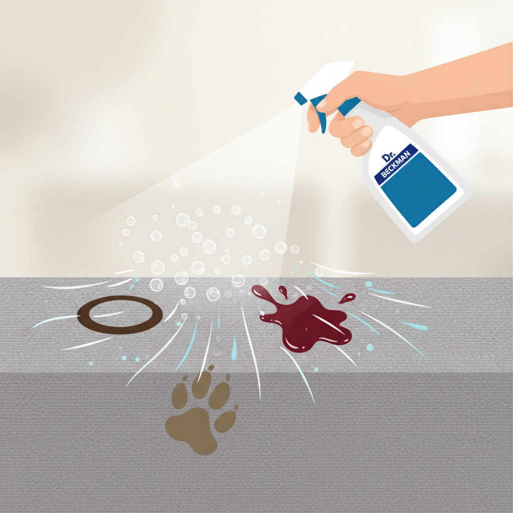 A clean, modern flat illustration depicting a close-up section of a textured sofa fabric. Various common household stains are artfully arranged on the fabric surface: a distinct coffee ring, a splash of red wine, and a faint muddy paw print. Hovering above or interacting with these stains, a stylized hand holds a Dr. Beckmann Sofa Reiniger spray bottle, emitting a gentle mist of cleaning solution. Small, active bubbles and dynamic lines emanate from the spray, symbolizing the deep penetration and lifting action of the cleaning formula into the fabric fibers. The background is minimalistic and soft.