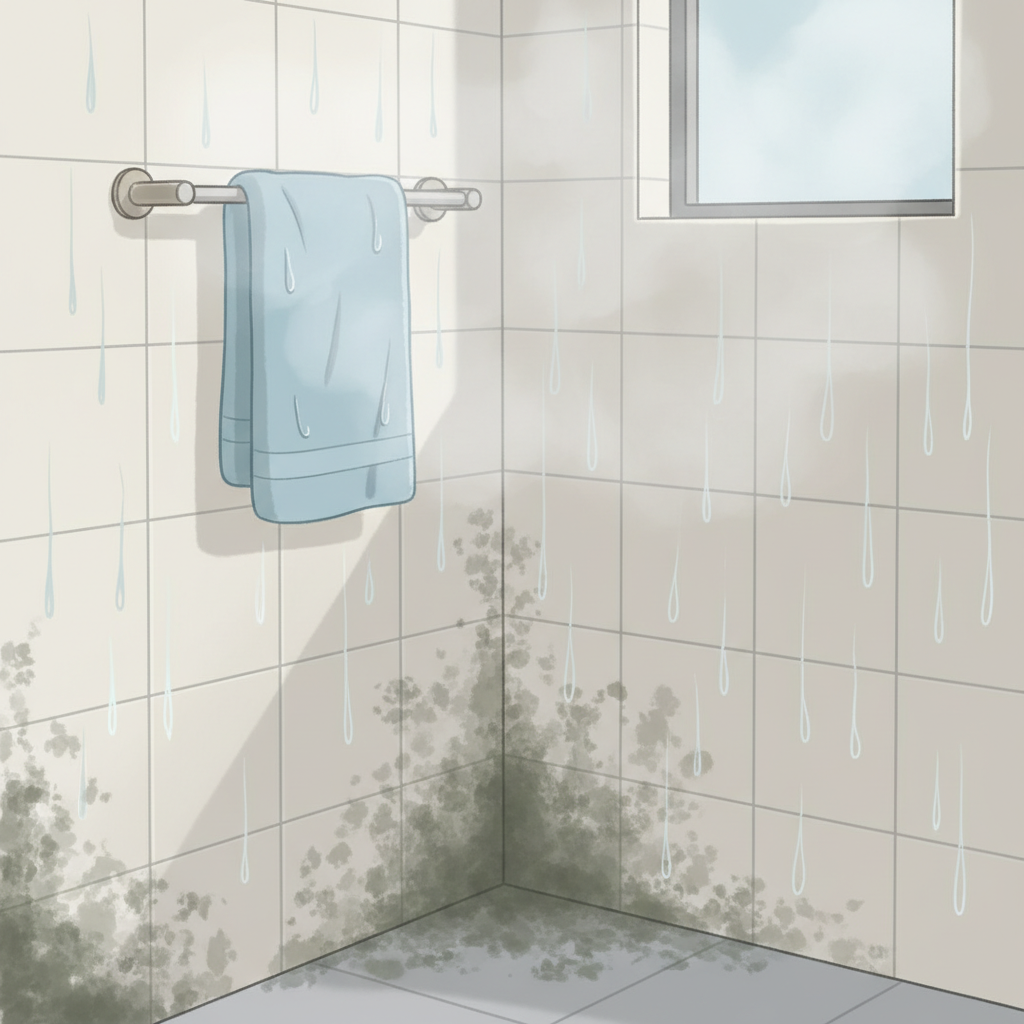 A realistic flat illustration depicting a common household scene where mildew (Stockflecken) thrives. Show a steamy bathroom corner with condensation visibly dripping down a tiled wall. Dark, greenish-black mildew spots are clearly visible on the grout lines and the lower part of the wall. A slightly damp, crumpled towel hangs on a simple rack, hinting at lingering moisture. The overall impression should be one of high humidity and poor ventilation, emphasizing the problem before a solution. Use soft, muted colors with a focus on natural light.