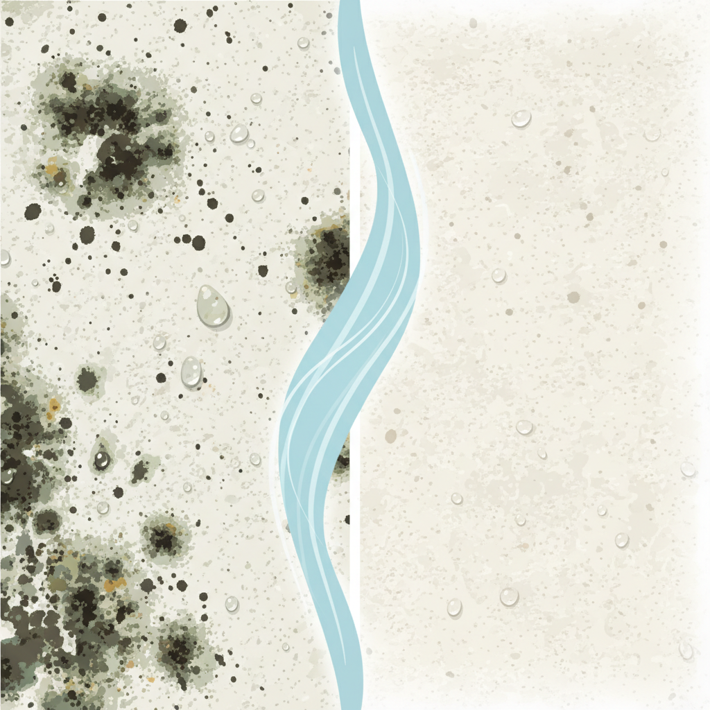 An infographic-style illustration presenting the transformation of a surface affected by moisture and mildew. On the left side, depict a close-up of a damp, textured surface (e.g., a wall or fabric) covered in various sizes of dark, unsightly mildew spots, with tiny water droplets indicating high humidity. On the right side, show the identical surface now clean, dry, and free of any spots. Subtle, abstract visual elements like gentle air currents or a shimmering cleanliness effect could visually separate the 'before' and 'after' states. Use clear, contrasting colors to highlight the change.